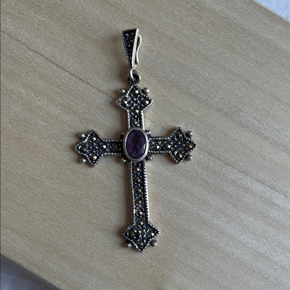 Sterling Silver Cross Pendant with Purple Gemstone
